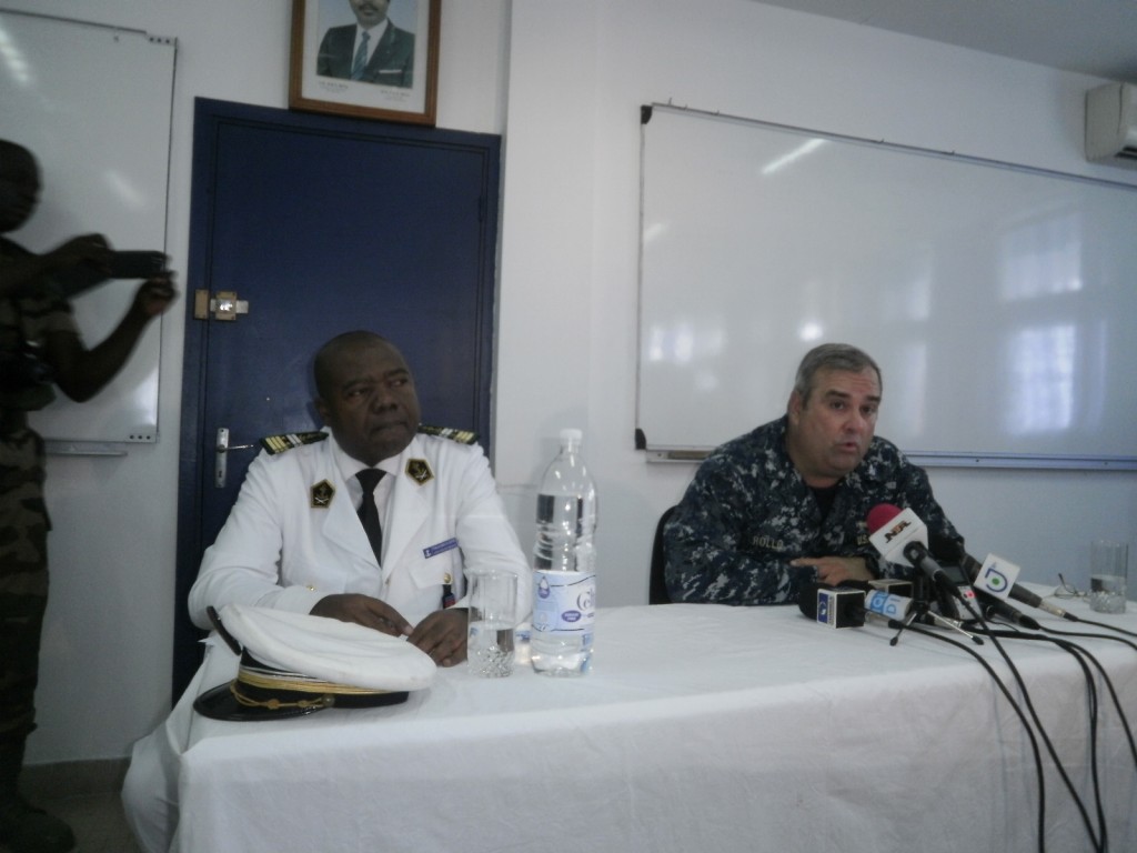 Captain Sylvestre Fonkoua Mbah (L) and Col. Lawrence Rollo of the US Navy (R) at a press briefing during the Obangame Express 2013