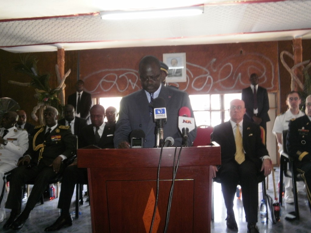 Secretary of State in charge of War Veterans, Koumpa Issa addresses delegates at the closing ceremony of Obangame Express 2013 in Douala