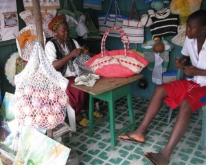 Fashion accesories made from plastic bags.