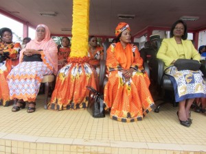 Basic Education Minister, Youssouf Hadjidja,  secretary General at Chantal Biya Foundation  Habisou Bidoung and Social Affairs Minister, Catherine Bakangbock during gift awarding ceremony